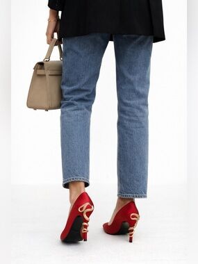 Azalea Wang Red Satin Snake Heel Pumps | Gold Serpent Stiletto | Sz. 8.5